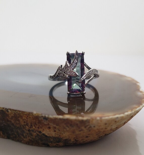 925 Silver Ring, Emerald Cut Rainbow Fire Mystic … - image 3