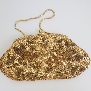 ヴィンテージゴールドスパンコールイブニングバッグ：花柄ビーズクラッチ、ハンドメイド