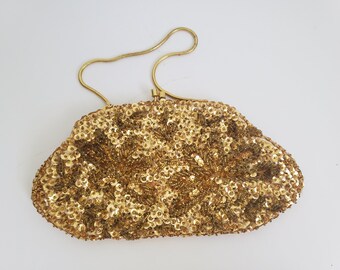 Borsa da sera vintage con paillettes dorate: pochette con decorazioni floreali e perline, realizzata a mano.