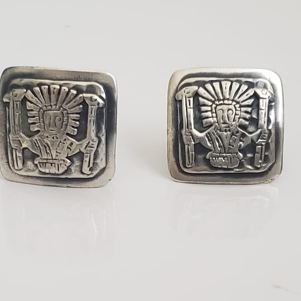 Vintage Silver Tone Cufflinks with Tribal Design, Large Square Cufflinks, Men's Accessory, Groomsman Gift