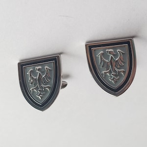 Vintage Swank Cufflinks, Blue Shield With Silver Tone Heraldic Symbols or Eagle