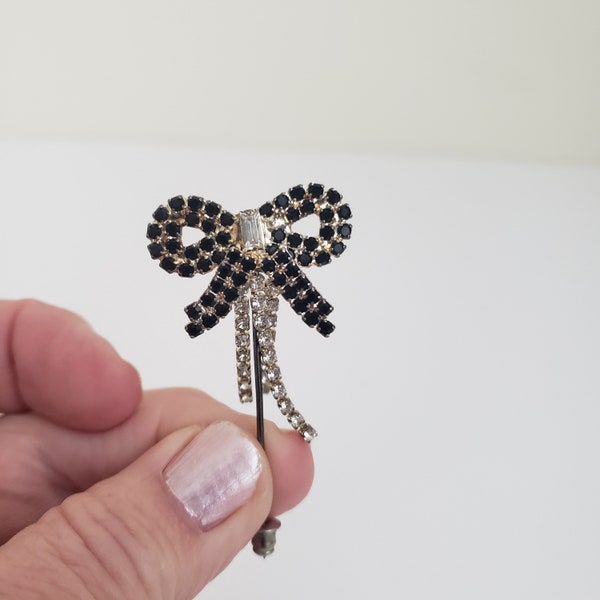 Vintage Black Bow and Clear Crystal Dangles Lapel Shawl or Hat Pin, Kinetic Rhinestone Pin