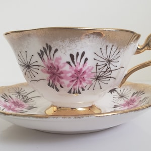 1950&#39;s Royal Albert Teacup Set, Two Tone Pink Aster-like Flowers on White Background, Heavy Gold Trim, Mid Century