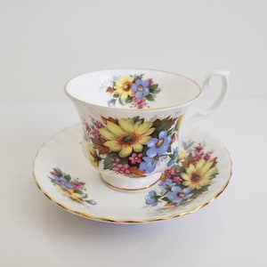 Royal Albert Bone China Teacup & Saucer: Summertime Floral, 1980s English Tea Set