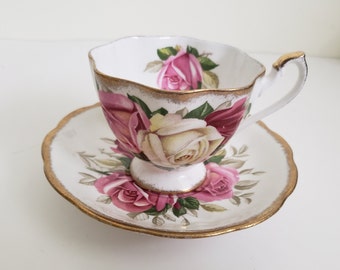 Vintage Queen Anne tekopp och fat: Lady Silvia Roses, guldkant