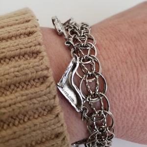 Sterling Silver Charm Bracelet With 8 Musical Instrument Charms and Safety Chain