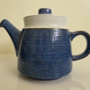 Vintage Denby Chatsworth Teapot, Blue, Tan and White Stoneware Teapot, 1980s