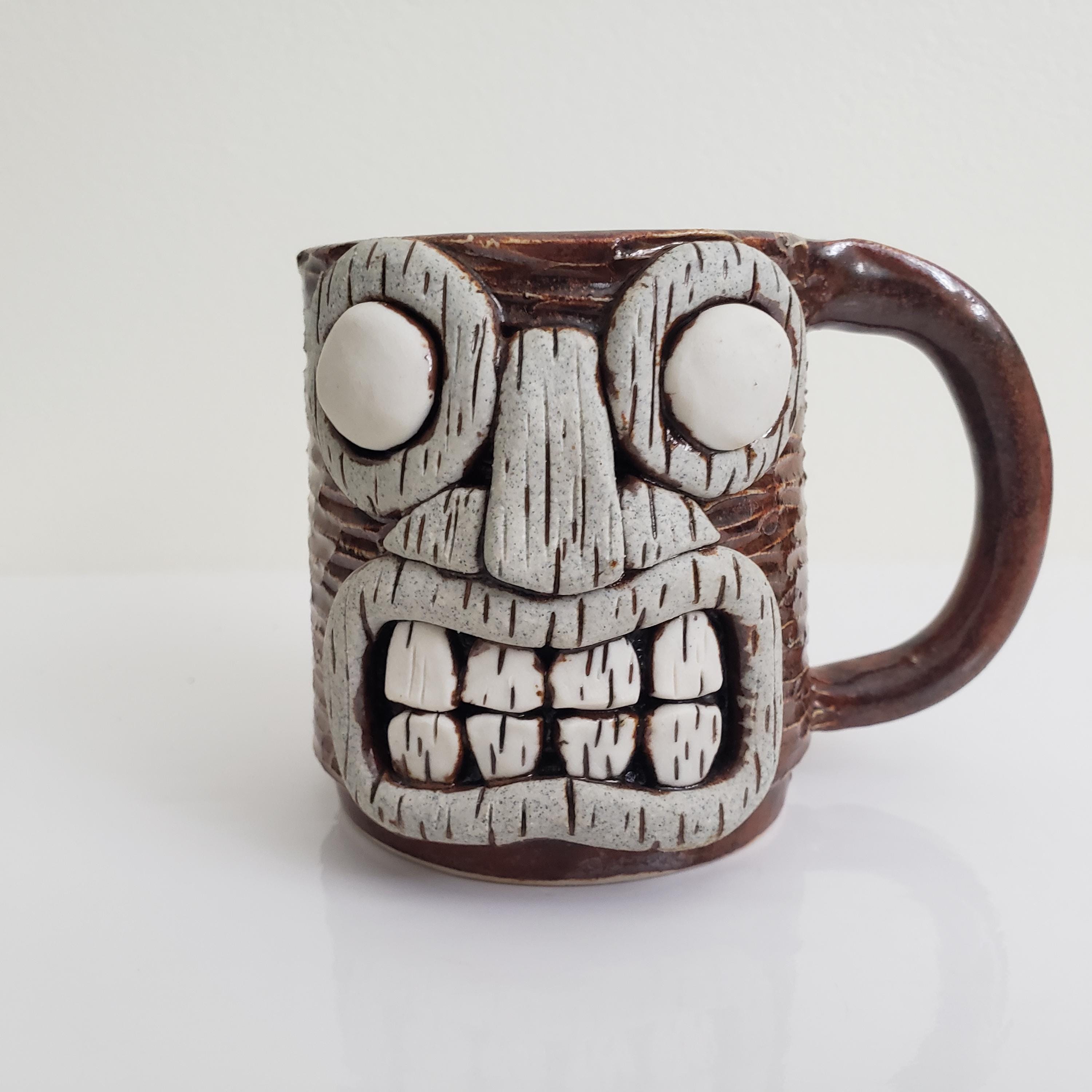 Hand Made Tiki Style Monster Mug, Brown With White Facial Features