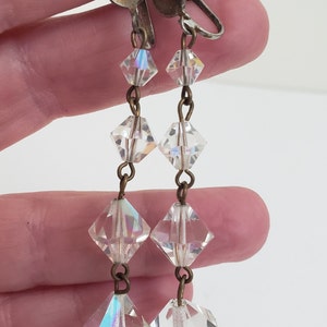 Vintage Clear Crystal Bead Chandelier Screw Back Earrings, Glass Beads With Aurora Borealis Coating, Long Dangle Drop Earrings