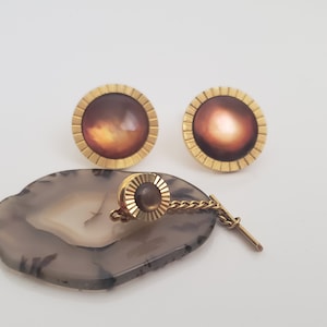 Vintage Fran-Ital Cufflinks and Tie Tack Set: Gold Tone Faux Baltic Amber