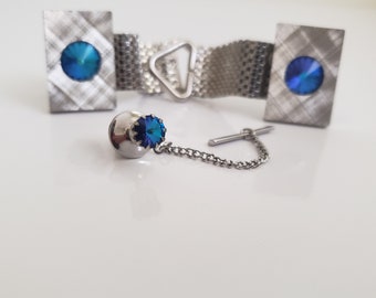 Gemelos vintage y juego de tachuelas de corbata, gemelos de malla con pedrería azul, accesorio de ropa para hombre, joyería para hombre