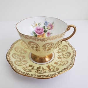 Vintage EB Foley Teacup and Saucer: Yellow, Roses, Gold Filigree, Made in England