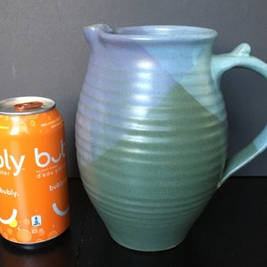 Studio Pottery Pitcher: Tri-Color Green, Lavender, Light Blue Satin Glaze
