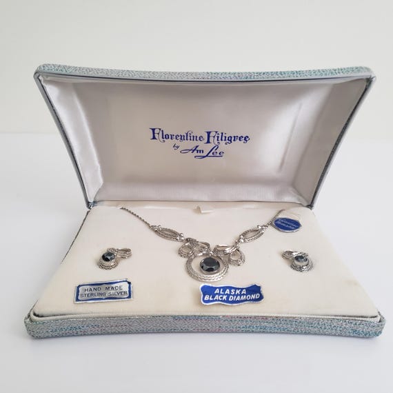 Vintage Am Lee Sterling Silver Filigree Necklace & Earrings Set