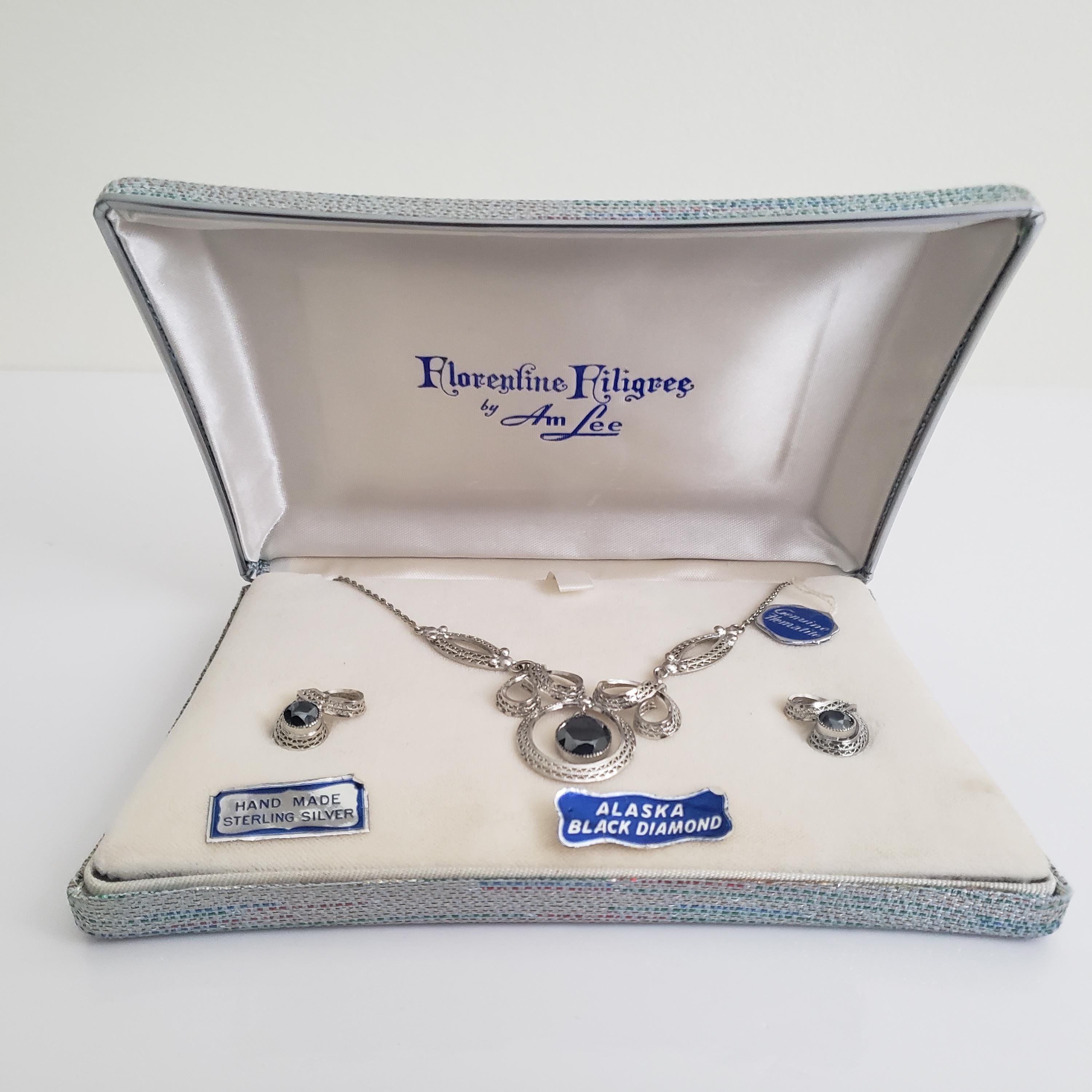 Vintage Am Lee Sterling Silver Filigree Necklace & Earrings Set 