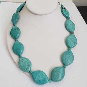 Vintage Turquoise Dyed Howlite Necklace with Silver Tone Extension Chain, Large Beads, Faux Turquoise, Statement Necklace