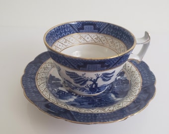 Vintage Booths Made in England &quot;Real Old Willow&quot; Teacup and Saucer Set, English Earthenware Fancy Table Service, Tea for Two