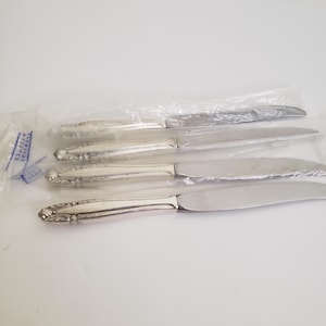 May include: Four silver butter knives in a clear plastic sleeve. The knives have ornate handles and wide, rounded blades. The handles have a detailed floral design. The knives are on a white background.