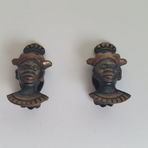 Vintage Copper Tone African Face Portrait Clip On Earrings; Detailed Image