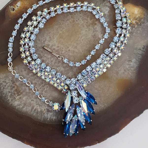 Stunning Mid Century Choker or Necklace, Peacock Blue, Ice Blue, and Aurora Borealis Crystal Rhinestone Necklace, Unsigned