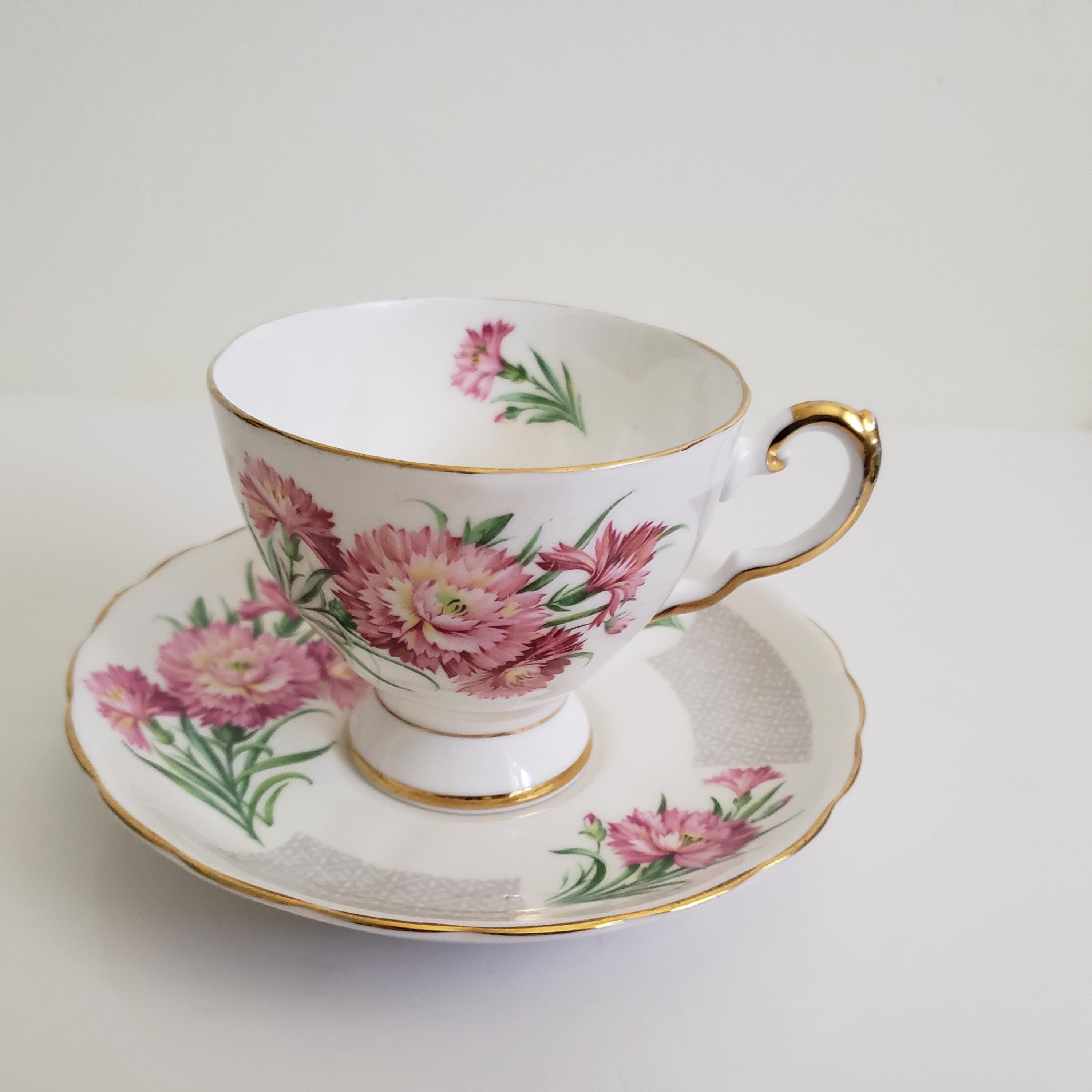 Vintage Tuscan Carnation Teacup Set: January Birthday Flowers, Mid