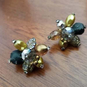 Vintage Vendome Cluster Earrings with Beads and Rhinestones; Green/Gold Beads; Gold Metal; Mid Century Clip On Earrings