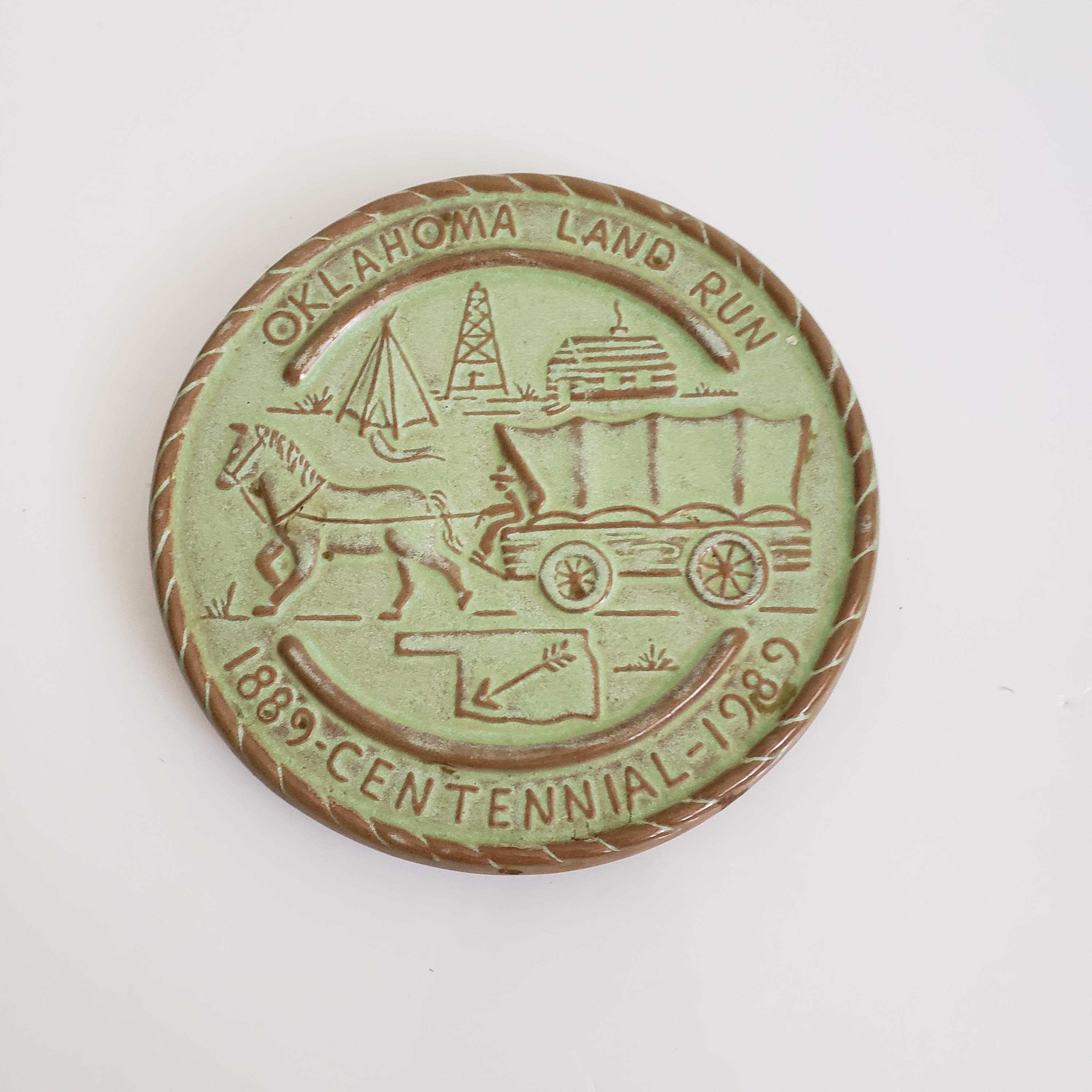 Vintage Frankoma Pottery Trivet: Oklahoma Land Run Centennial