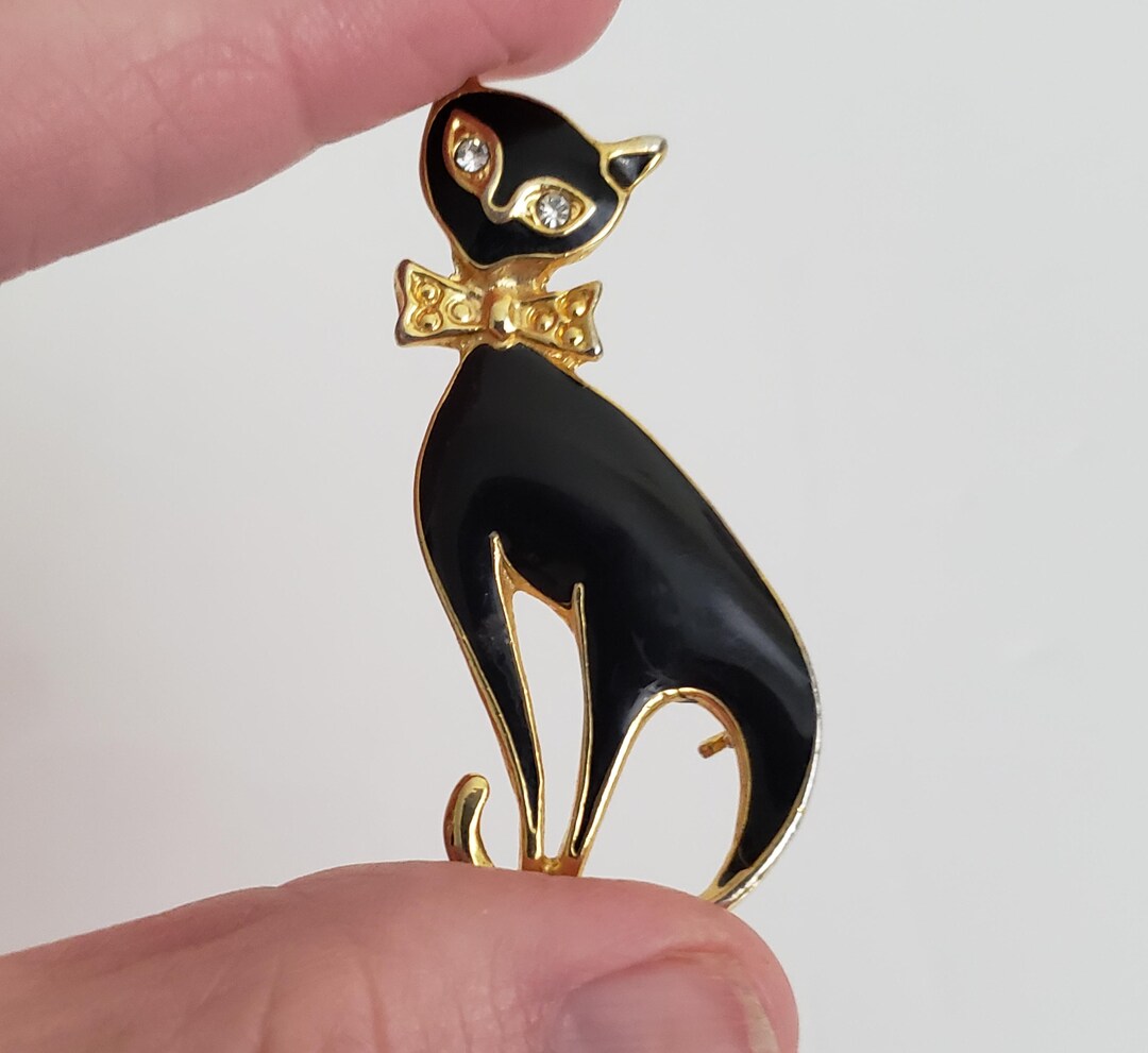 Vintage Enamel Cat Brooch: Black Siamese With Rhinestone Eyes - Etsy