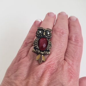 Vintage Owl Ring Red Jelly Belly, Rhinestone and Enamel Accents on Gold Tone Metal