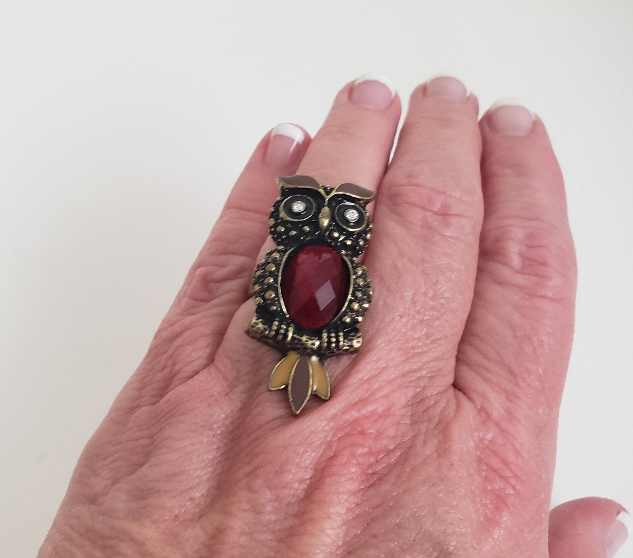 Vintage Owl Ring Red Jelly Belly, Rhinestone and Enamel Accents on Gold Tone Metal