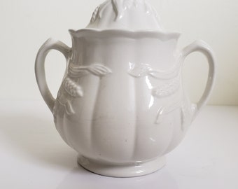 Vintage Royal Crownford Ironstone White Wheat Weatherby Hanley England White Covered Sugar Bowl With Two Handles
