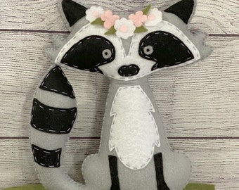 felt woodland animal, flower crown, woodland raccoon, baby gift, woodland baby shower, woodland nursery, outdoor nursery, woodland theme