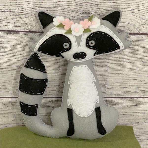 Hand Stitched Woodland Raccoon, Flower Crown, Baby Gift