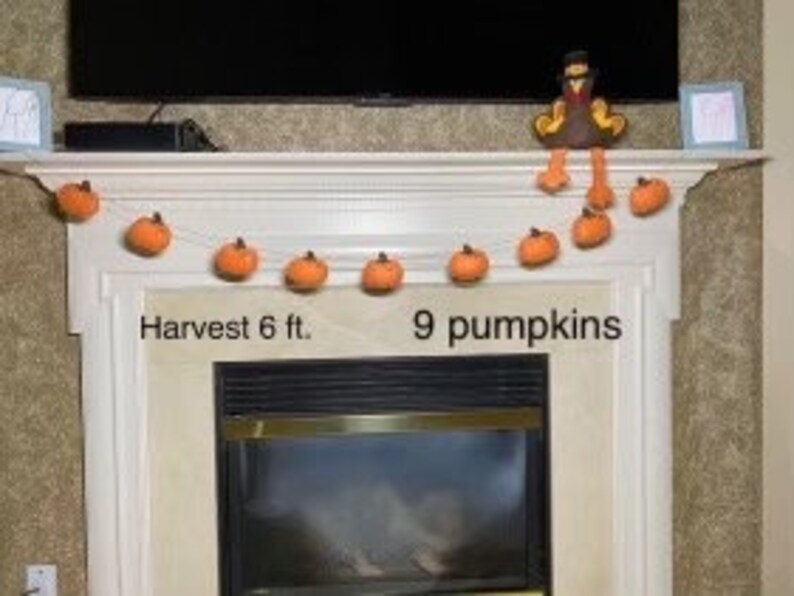 May include: A garland of nine orange felt pumpkins strung on a twine cord. The garland is 6 feet long and is displayed on a white mantel above a fireplace. The text "Harvest 6 ft." and "9 pumpkins" is written below the garland.