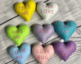 Hand stitched Valentines hearts swag, conversation heart garland,