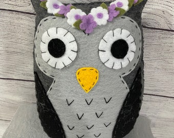 Hand Stitched Owl Plush, Flower Crown, Nursery Decor