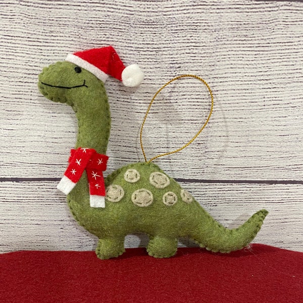 Handstitched Felt Dinosaur Ornament: Santa Hat, Snowflake Scarf