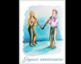 Postkarte Happy Birthday Oboe Duo nach einem originalen Aquarell
