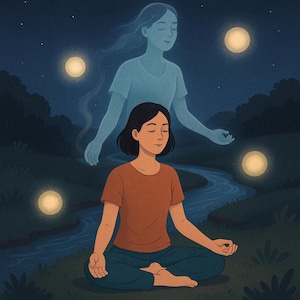 May include: Illustration of a person meditating in a lotus position, with a translucent figure above. The scene is set at night, with a river, trees, and glowing orbs. The person wears an orange shirt and blue pants.