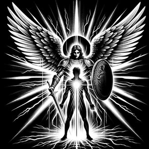 May include: Black and white illustration of an angel with wings spread wide, holding a sword and shield. The angel is standing in front of a person with a glowing heart. The background is a black and white abstract design.