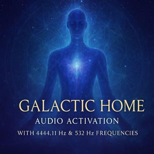 May include: A digital illustration features a blue figure with a glowing center, set against a cosmic background. The text "GALACTIC HOME AUDIO ACTIVATION" is displayed in gold, with frequency details below.