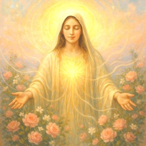 May include: A serene illustration of a figure in flowing white robes, radiating golden light. The figure is surrounded by soft pink roses and white flowers, with arms outstretched. The artwork evokes a sense of peace and spirituality.