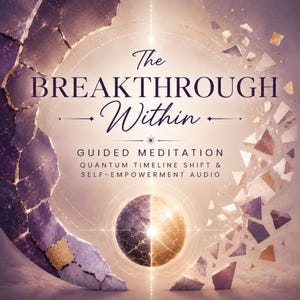 May include: A digital graphic featuring the text The BREAKTHROUGH Within, GUIDED MEDITATION, QUANTUM TIMELINE SHIFT & SELF-EMPOWERMENT AUDIO. A central glowing sphere is surrounded by floating purple and gold stone fragments in a circular arrangement.