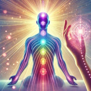 Può includere: Un'illustrazione colorata di una persona che medita con sette chakra allineati lungo la colonna vertebrale. I chakra sono rappresentati da cerchi di luce vorticosi in rosso, arancione, giallo, verde, blu, indaco e viola. Una mano con un globo luminoso si estende verso la persona.