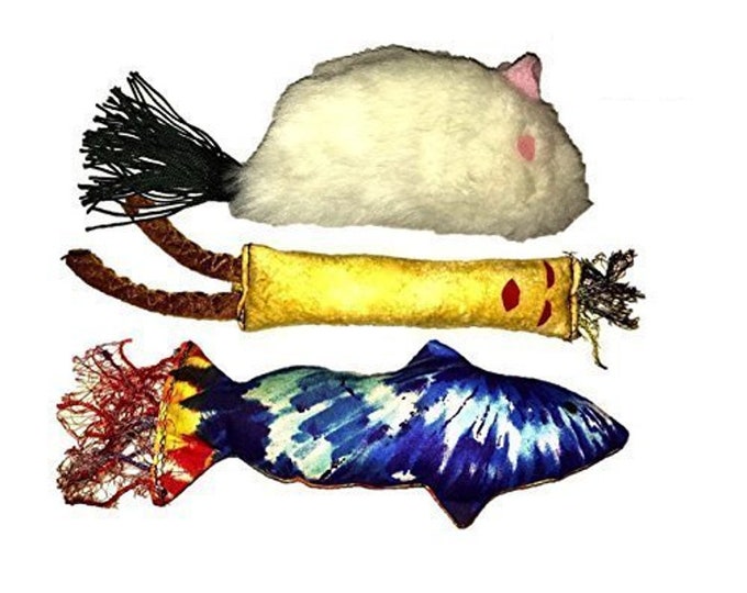 Catnip Toys Variety Pack Handmade by Grandma - Stuffed with Organic Catnip Kicker Variety 3 Pack Includes Fish, Stick Man and Mouse