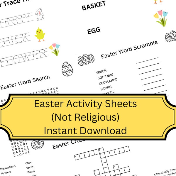 Easter Activity Sheets Not Religious Easter Word Search Crossword Scramble Fun Activity Preschool Elementary Kids Printable INSTANT DOWNLOAD