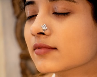 925 Sterling Silver Moh Intricate Triple Leaf Nose Clip on, Indian Oxidized silver Press on Nose Ring, Women Accessories, Jaipuri Jewellery