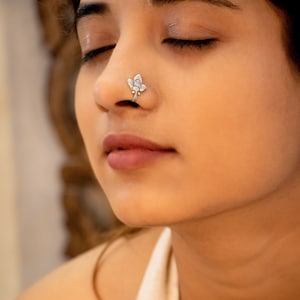 925 Sterling Silver Moh Intricate Triple Leaf Nose Clip on, Indian Oxidized silver Press on Nose Ring, Women Accessories, Jaipuri Jewellery