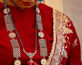 Handgefertigte Jadau Mangalsutra, oxidiertes Sterlingsilber, indische Halskette