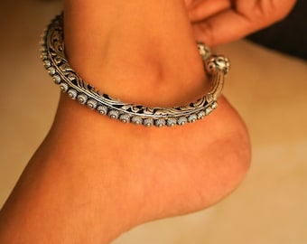 Tattva Chitai Intricate Ankle Kada, Sterling Silver Chain Anklet, Handmade Oxidized Silver Anklet, Gifts For Her